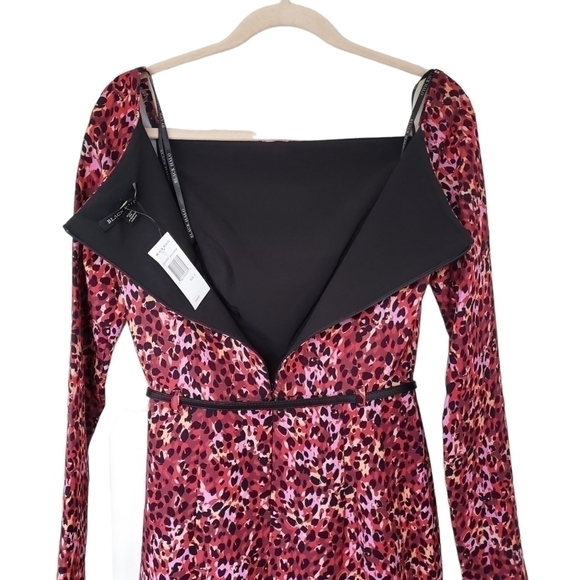Black Halo Leopard Print Long Sleeve Belted Sheath Dress in Black & Pink - Picture 6 of 11